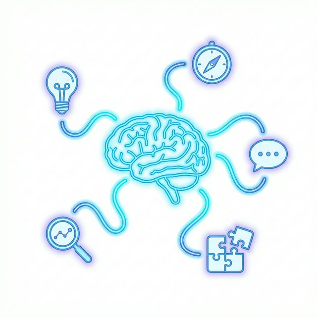 Glowing brain connected to skill icons through flowing wave lines